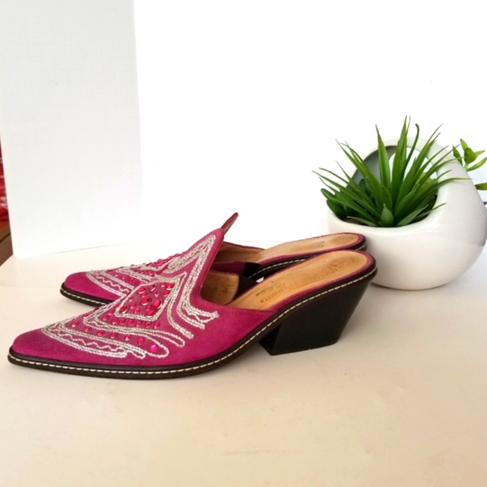 Women's J Pliner western couture pink suede leather mules - Picture 7 of 8